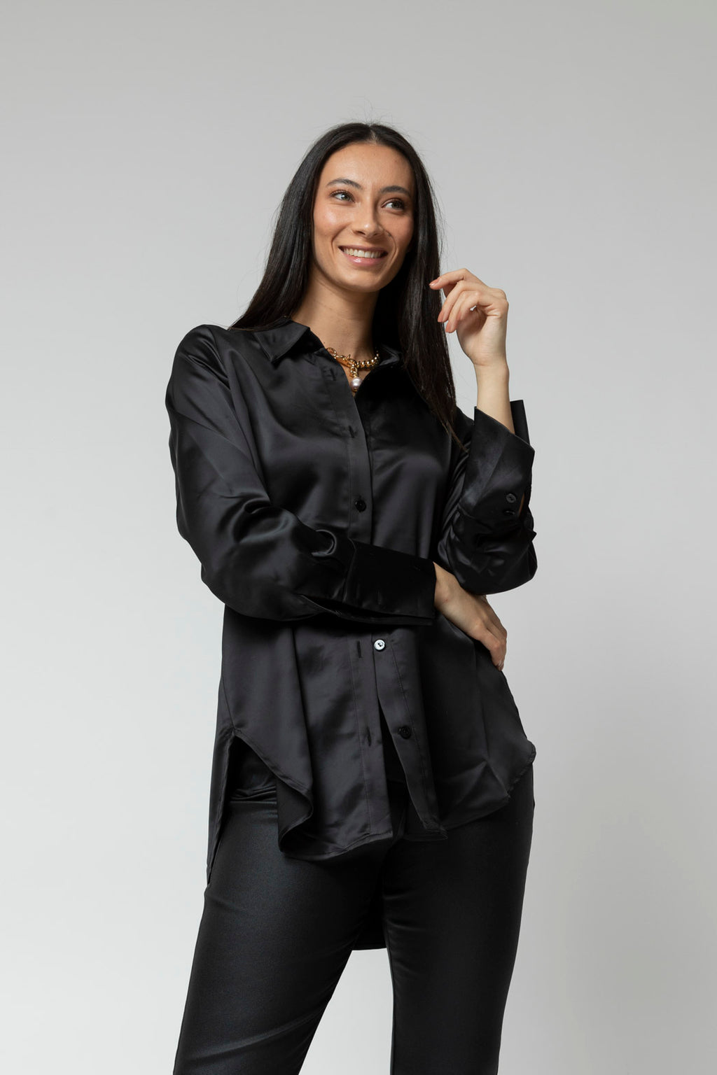 Black Satin Boyfriend Shirt- Sale