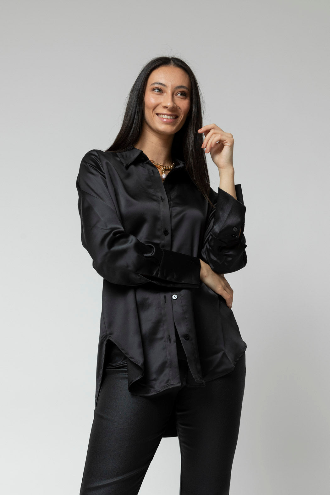 Black Satin Boyfriend Shirt- Sale