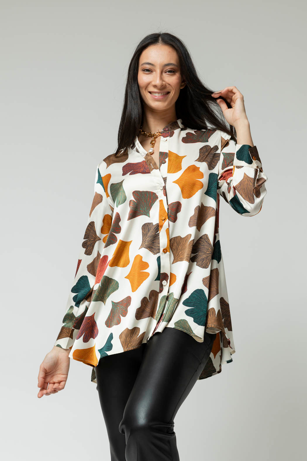 Ivory Leaf Silky Flared Shirt