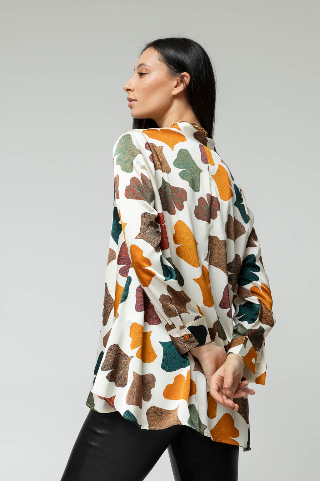 Ivory Leaf Silky Flared Shirt