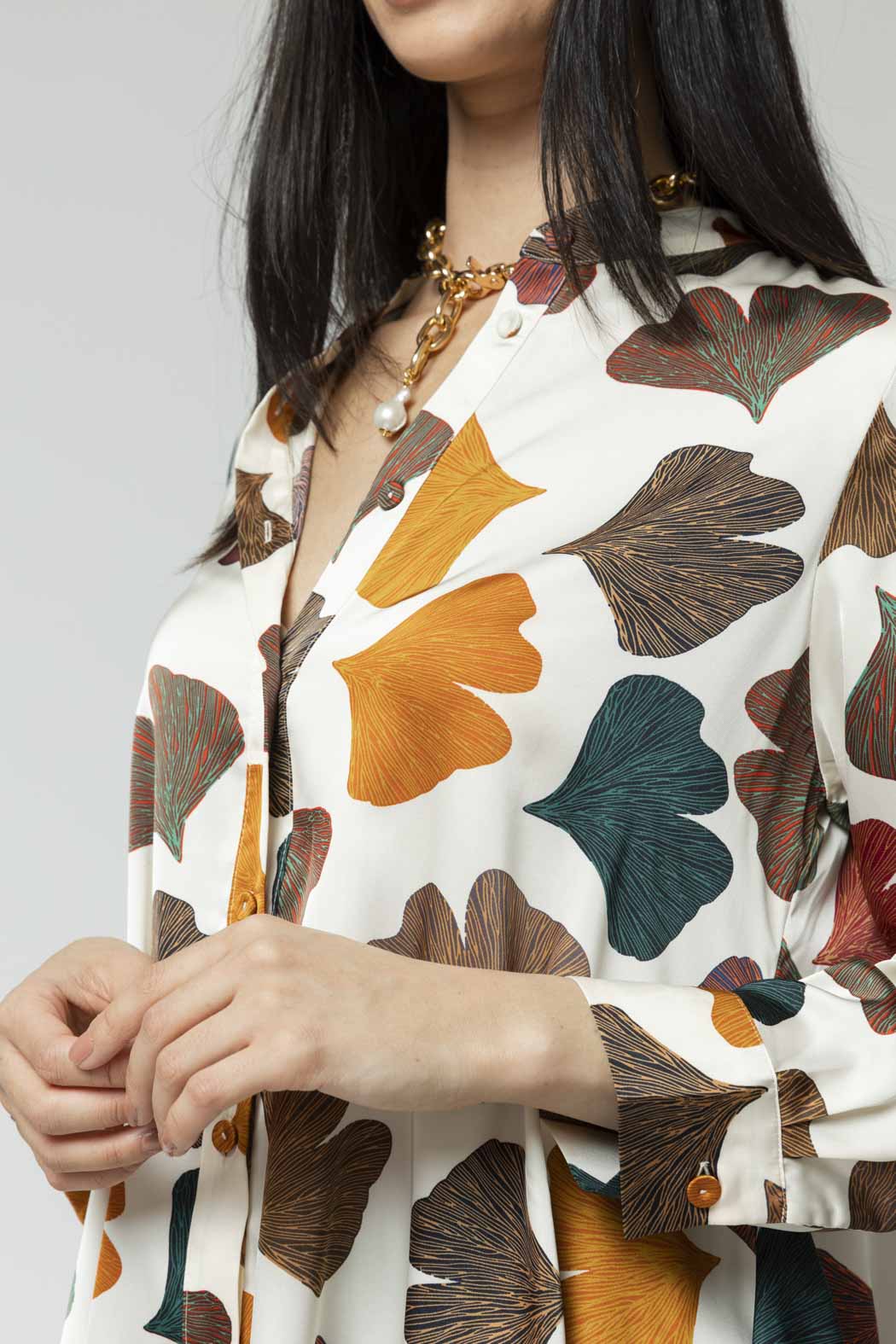 Ivory Leaf Silky Flared Shirt