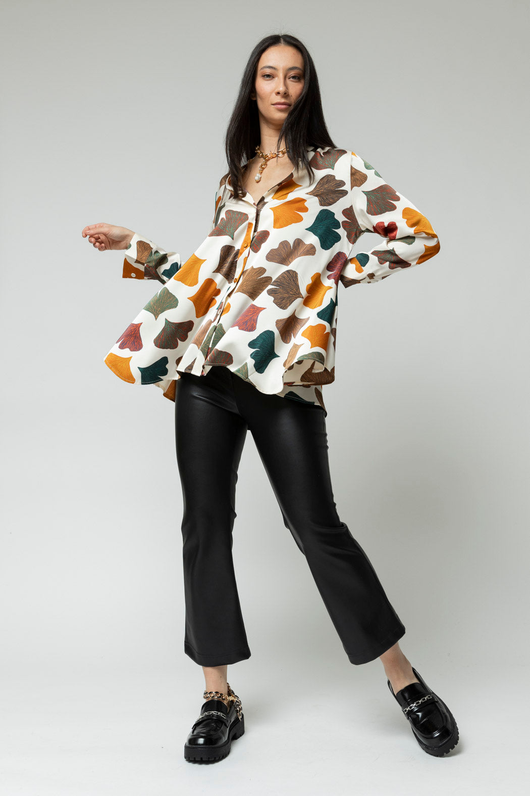 Ivory Leaf Silky Flared Shirt