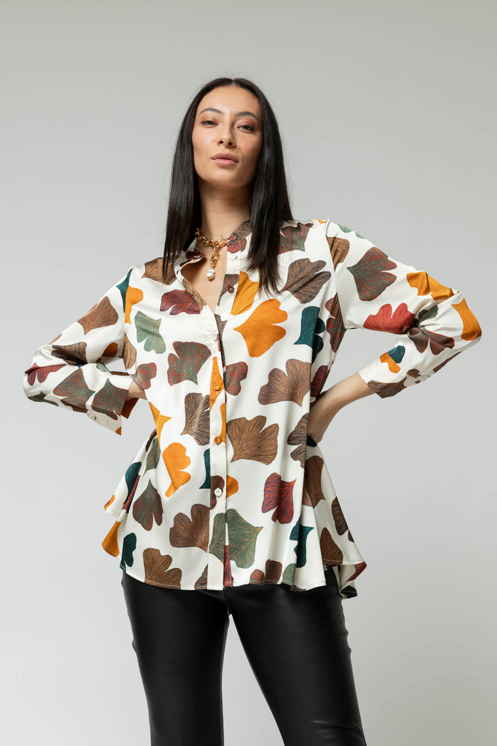 Ivory Leaf Silky Flared Shirt