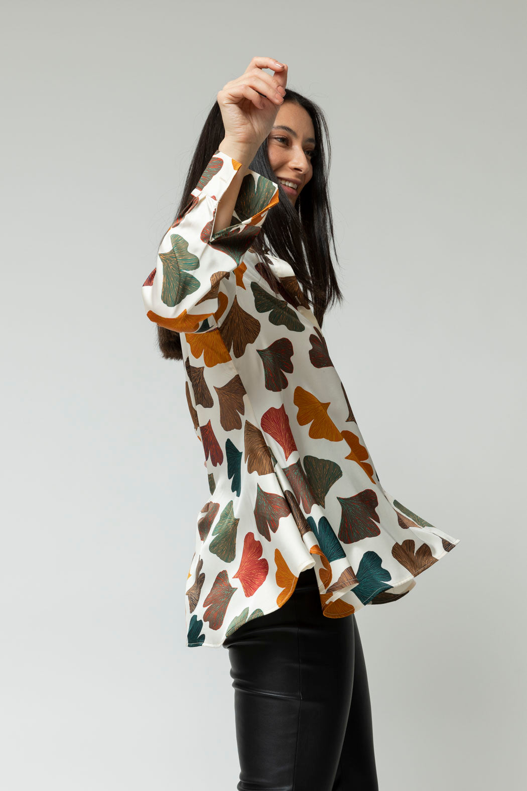 Ivory Leaf Silky Flared Shirt