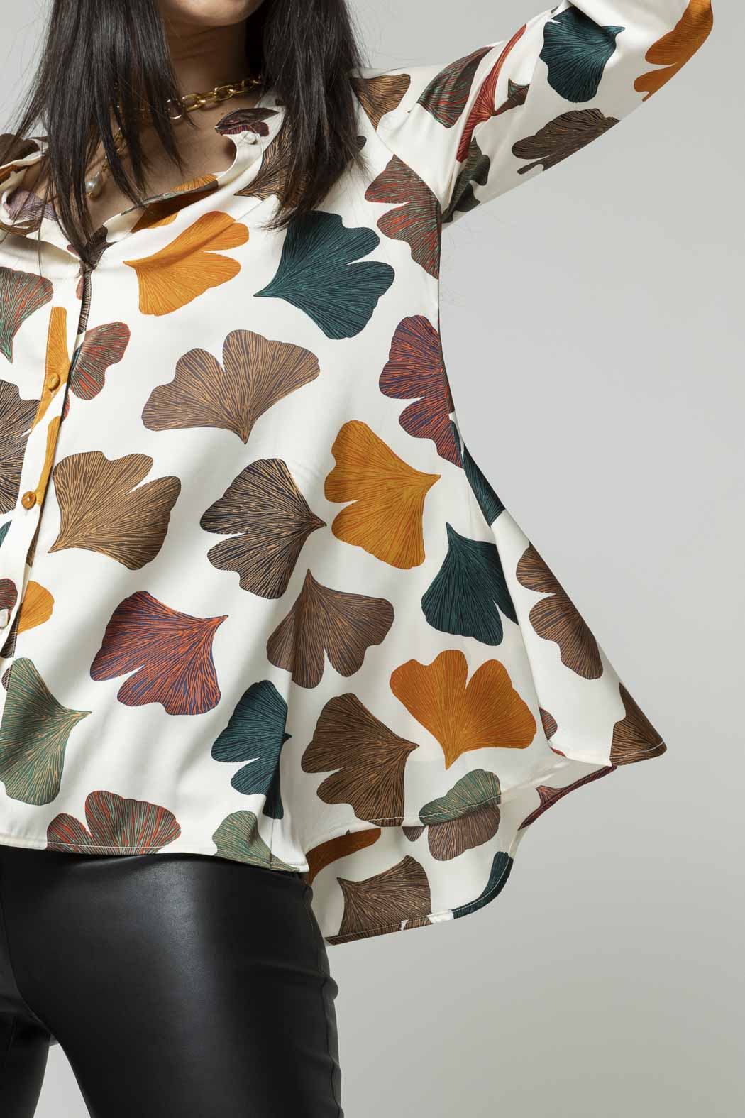 Ivory Leaf Silky Flared Shirt