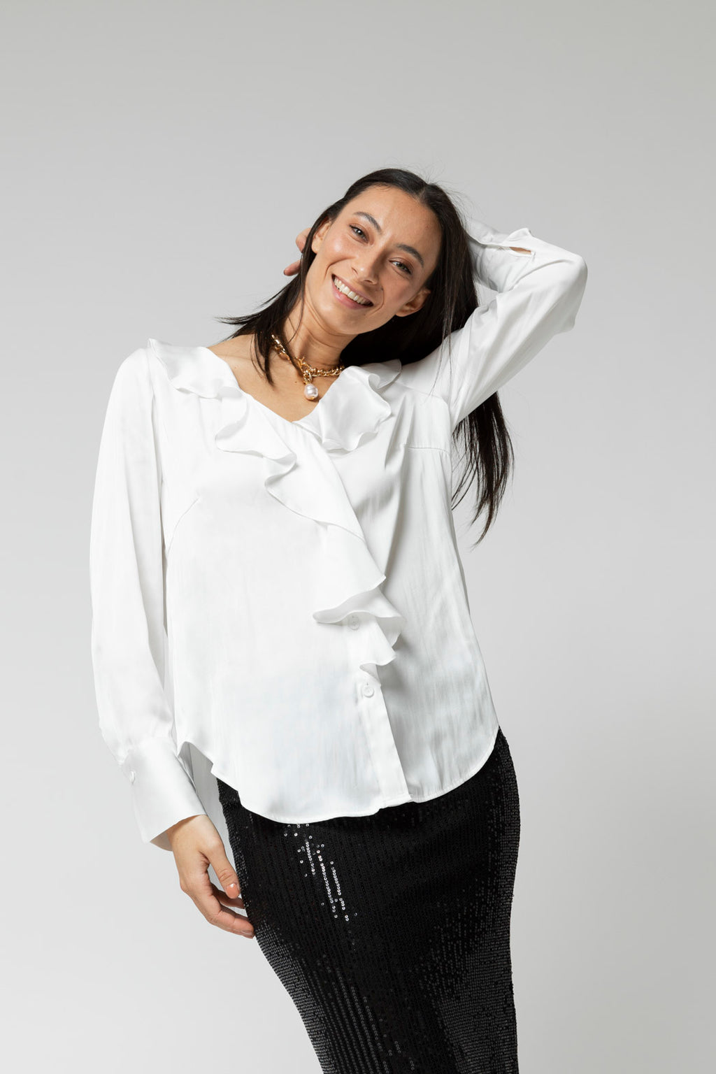 White Cascade Silky Blouse