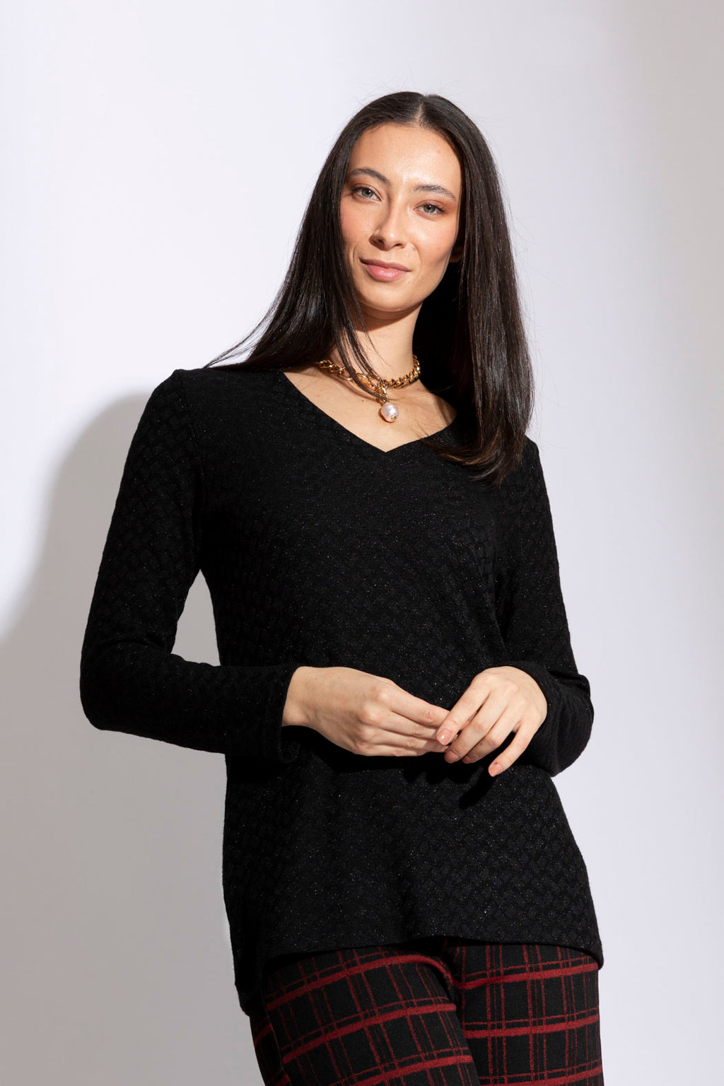Black Sparkle V Neck Top- Sale