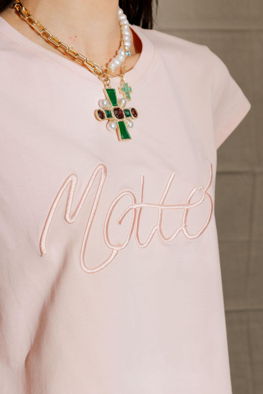 Motto Embroidered T Shirt In Pink