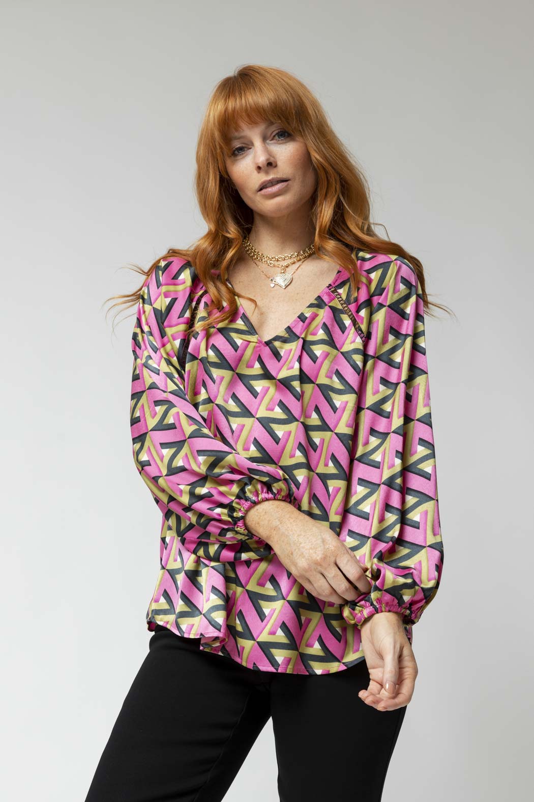 Pink/lime Boho V Neck Blouse