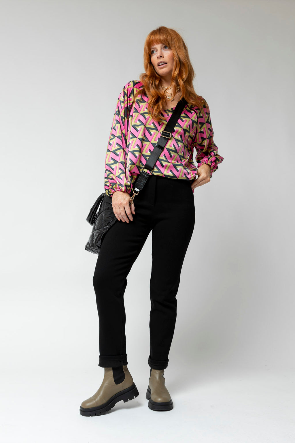 Pink/lime Boho V Neck Blouse