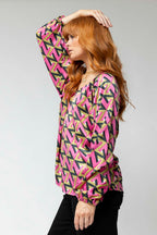 Pink/lime Boho V Neck Blouse