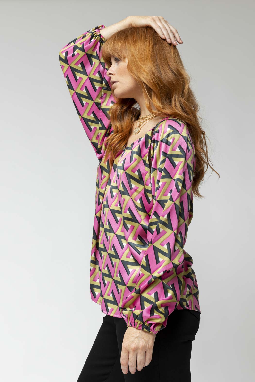 Pink/lime Boho V Neck Blouse