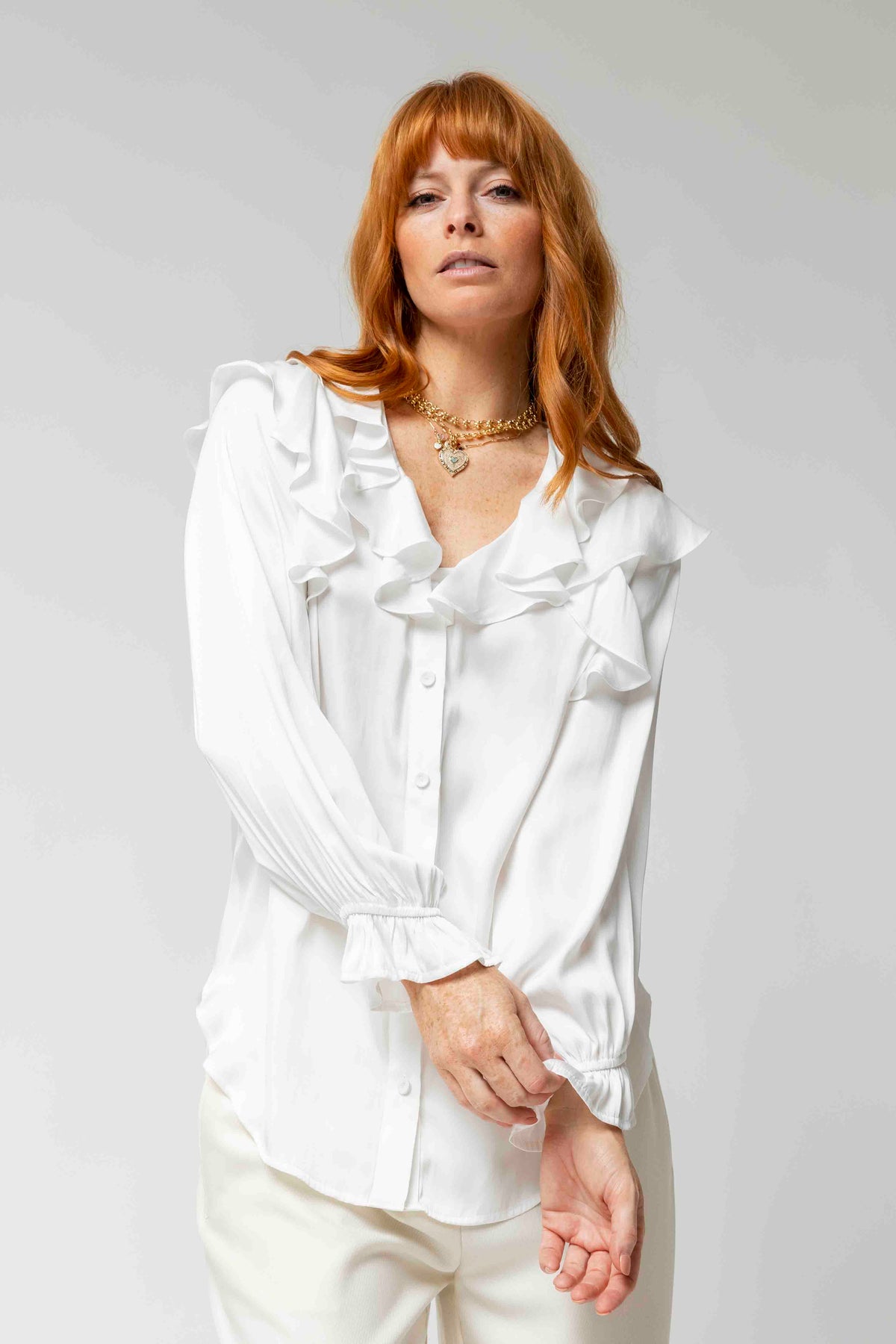 White Silky Ruffle Blouse