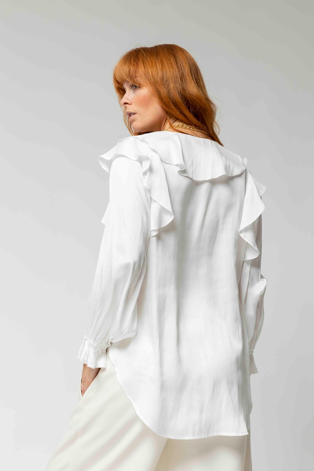 White Silky Ruffle Blouse