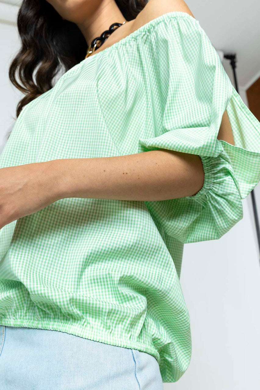Green Gingham Split Sleeve Off Shoulder Top - Sale