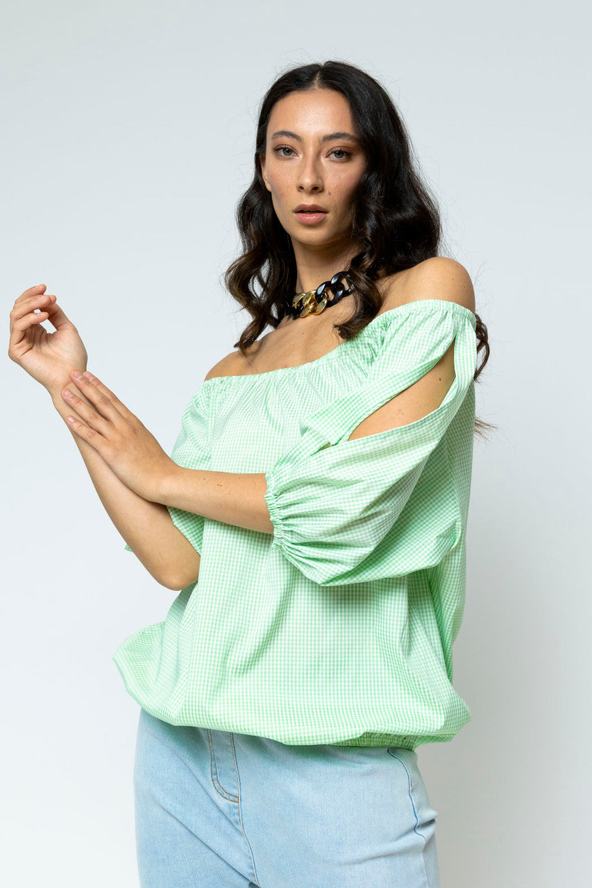 Green Gingham Split Sleeve Off Shoulder Top - Sale
