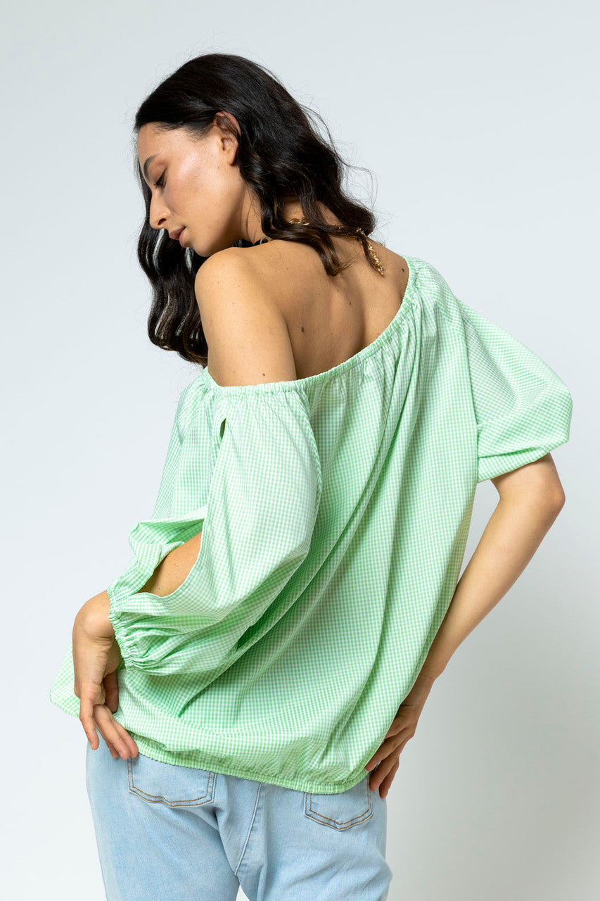 Green Gingham Split Sleeve Off Shoulder Top - Sale