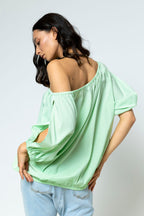 Green Gingham Split Sleeve Off Shoulder Top - Sale