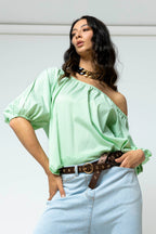 Green Gingham Split Sleeve Off Shoulder Top - Sale