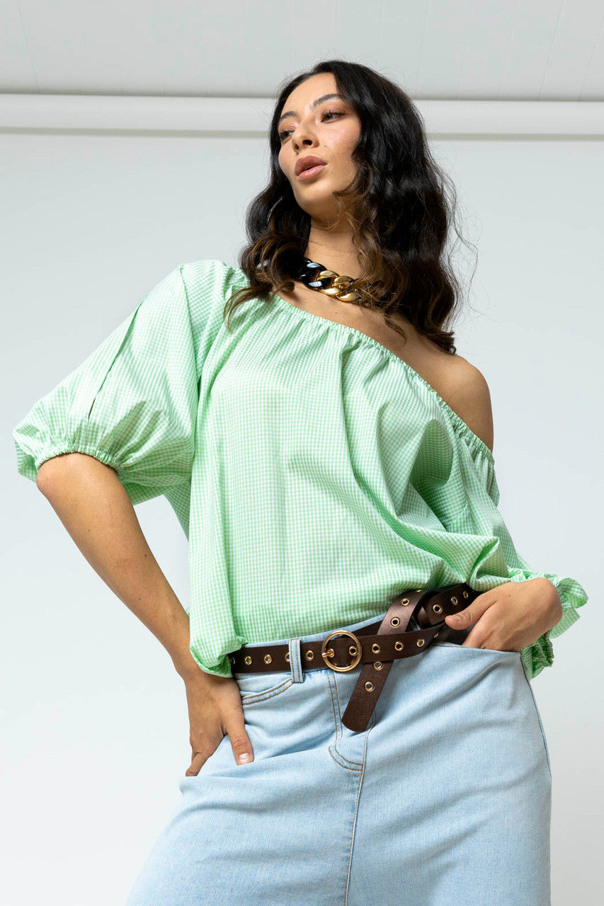 Green Gingham Split Sleeve Off Shoulder Top - Sale