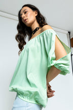 Green Gingham Split Sleeve Off Shoulder Top - Sale