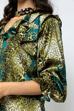 Green Blue Silky Ruffle Shirt - Sale