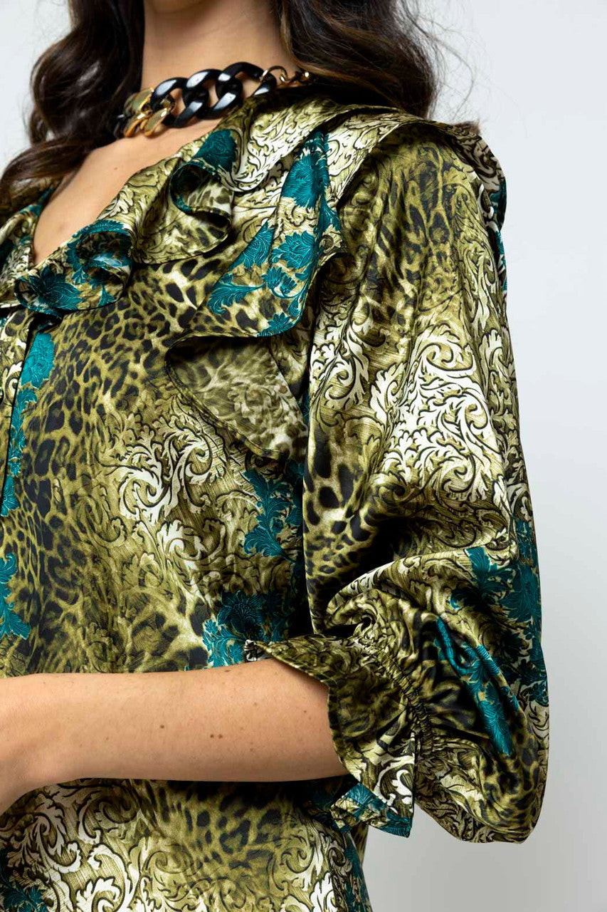 Green Blue Silky Ruffle Shirt - Sale