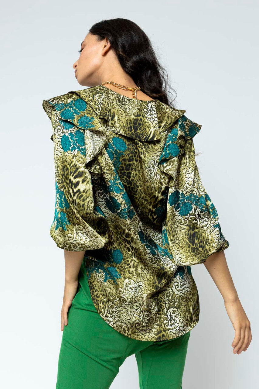 Green Blue Silky Ruffle Shirt - Sale
