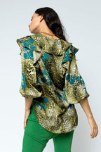Green Blue Silky Ruffle Shirt - Sale