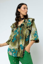 Green Blue Silky Ruffle Shirt - Sale