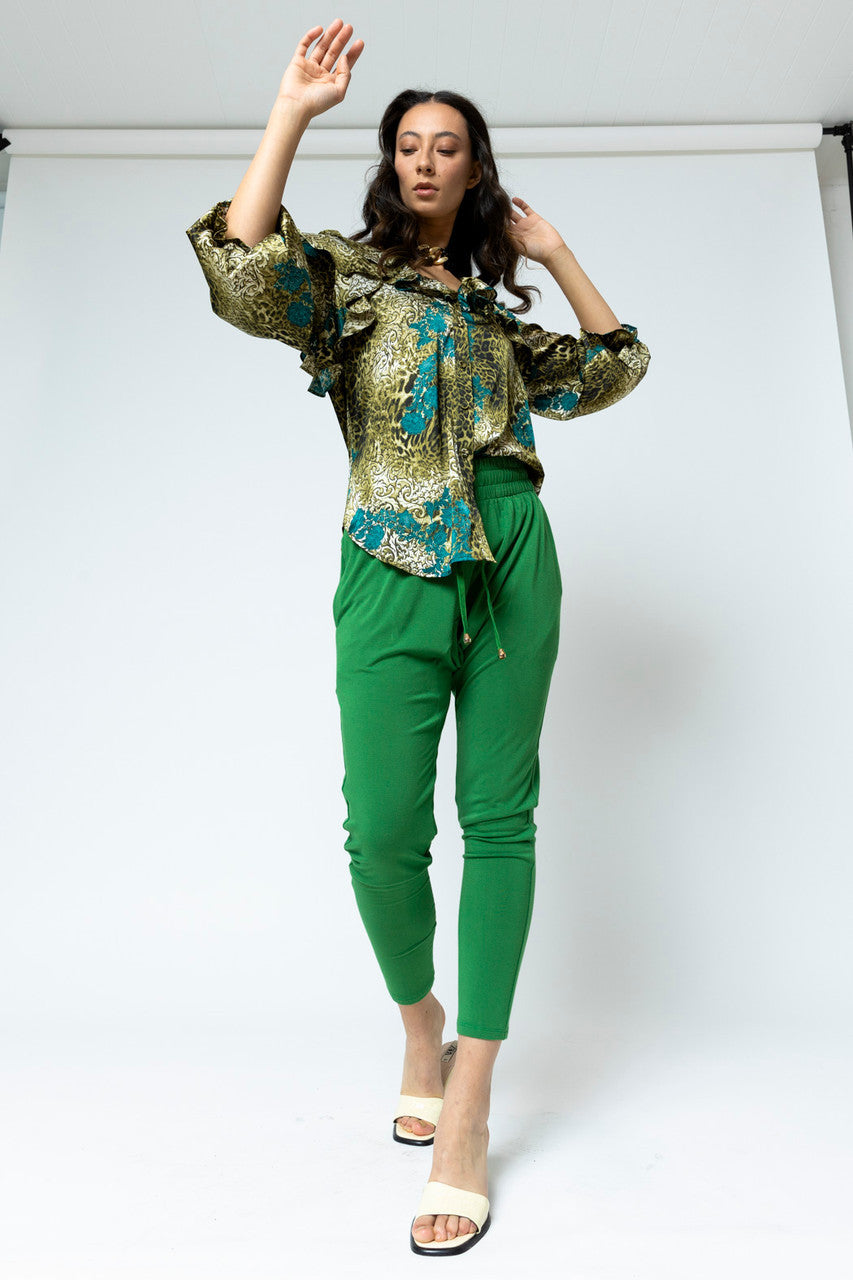 Green Blue Silky Ruffle Shirt - Sale
