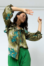 Green Blue Silky Ruffle Shirt - Sale