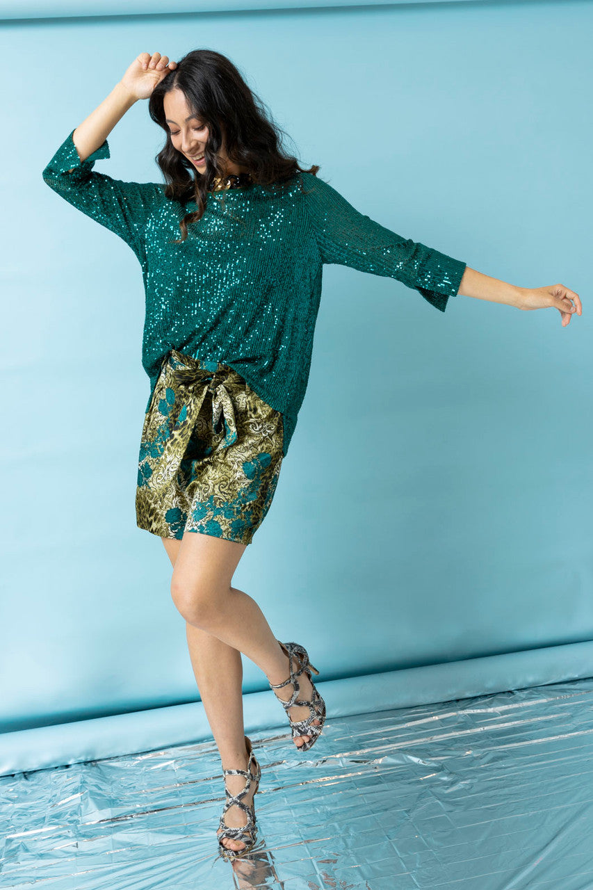 Green Blue Silky Paperbag Shorts - Final Sale