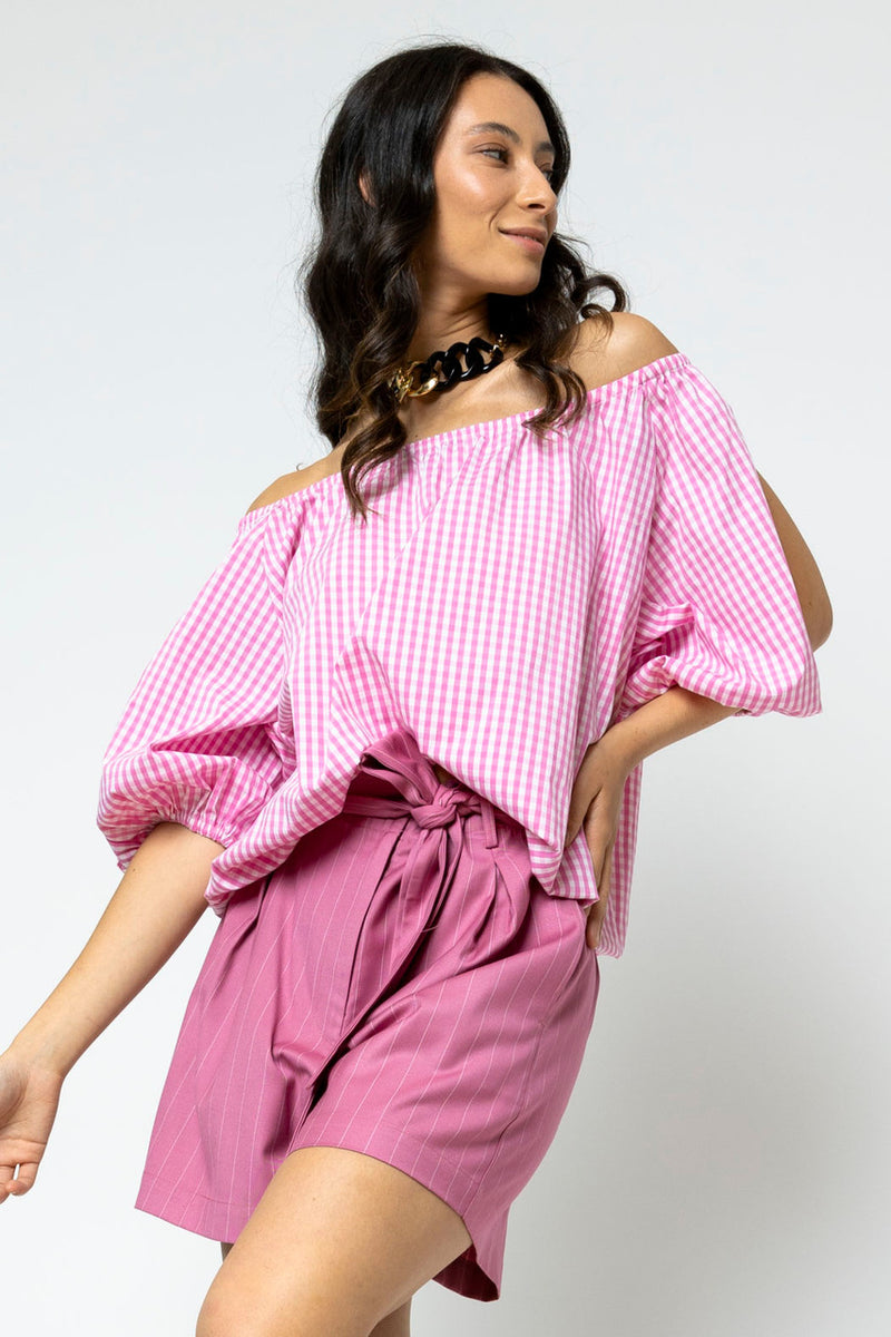 Pink Gingham Split Sleeve Off Shoulder Top - Sale