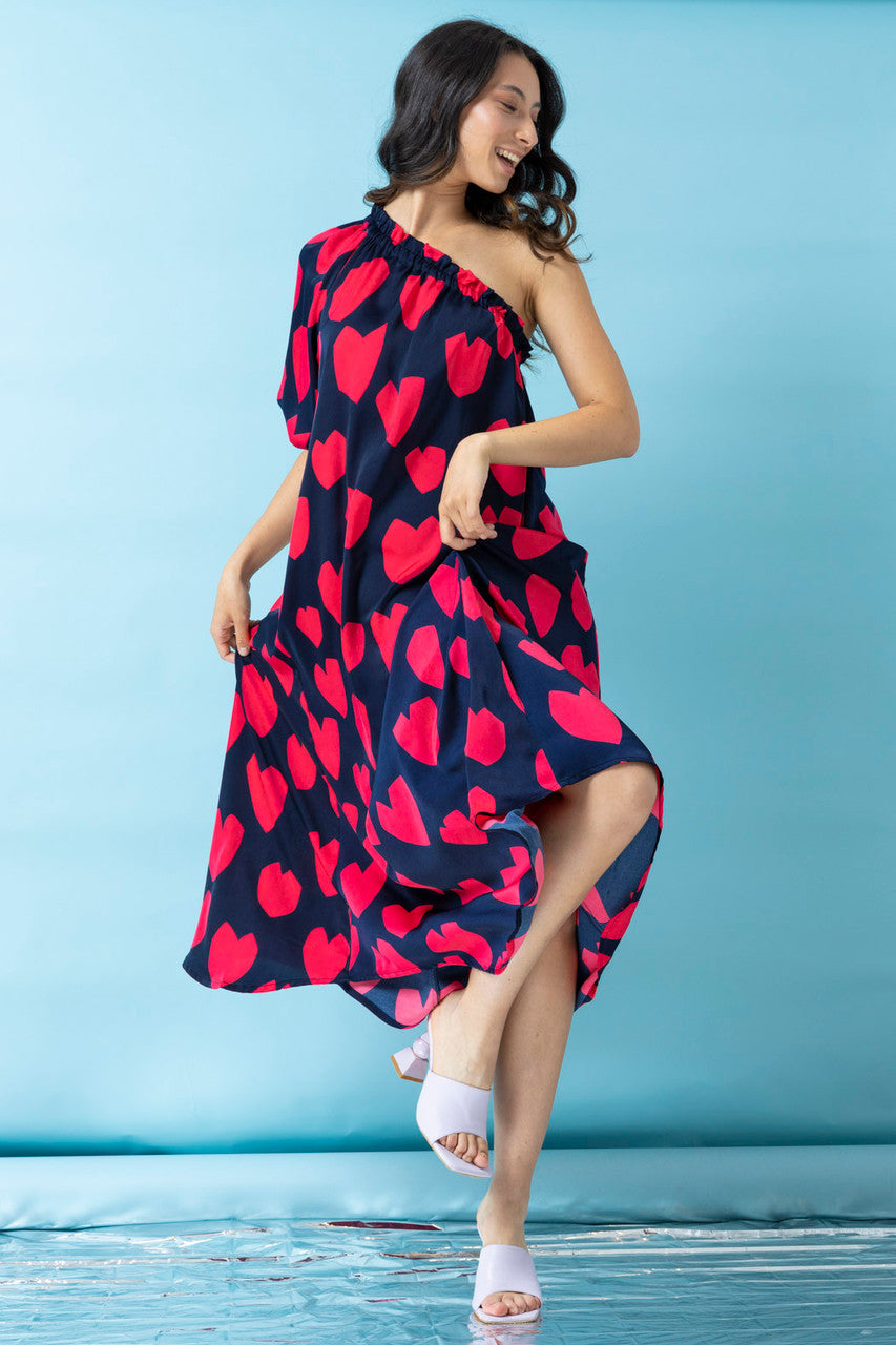 Heart Print One Shoulder Dress - Final Sale