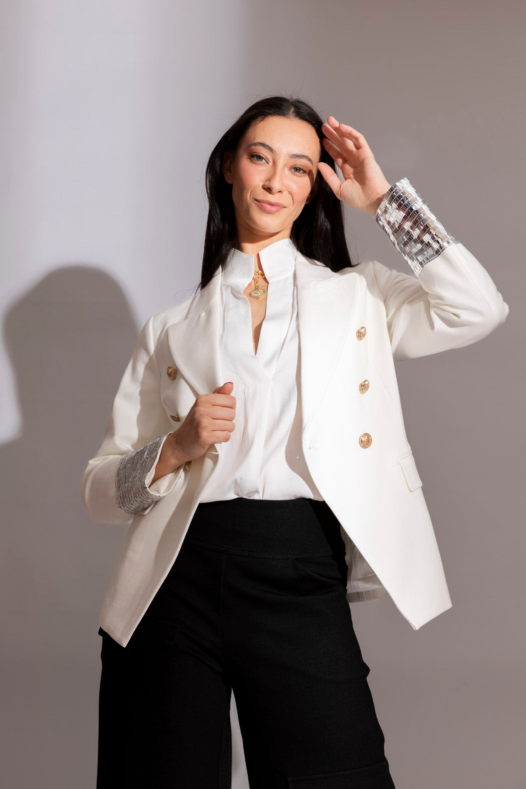 White Sequin Silver Trim Sisca Blazer