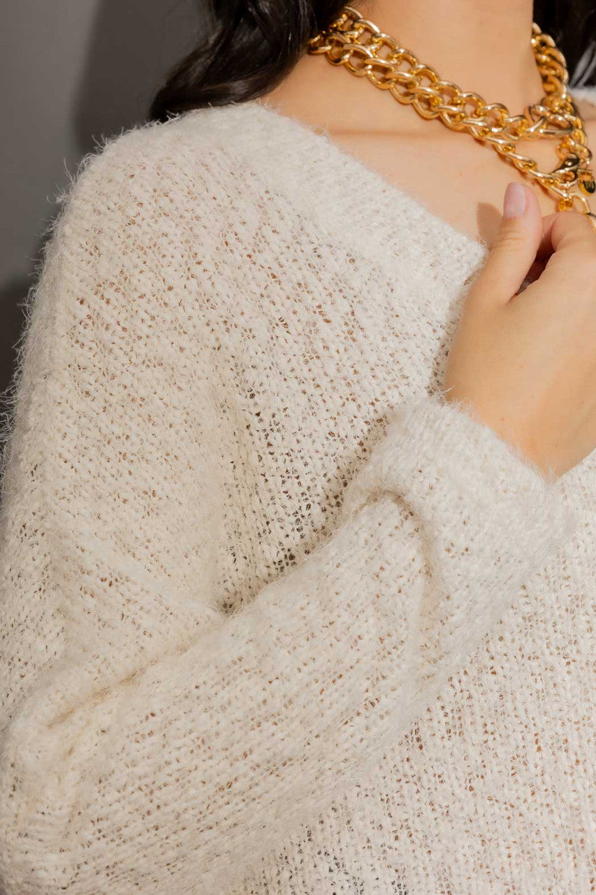 Ivory Fluffy V Neck Jumper