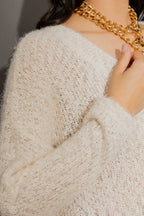 Ivory Fluffy V Neck Jumper
