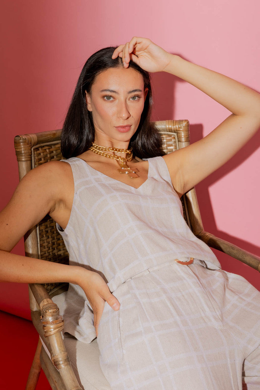Natural Check Linen Bell Top