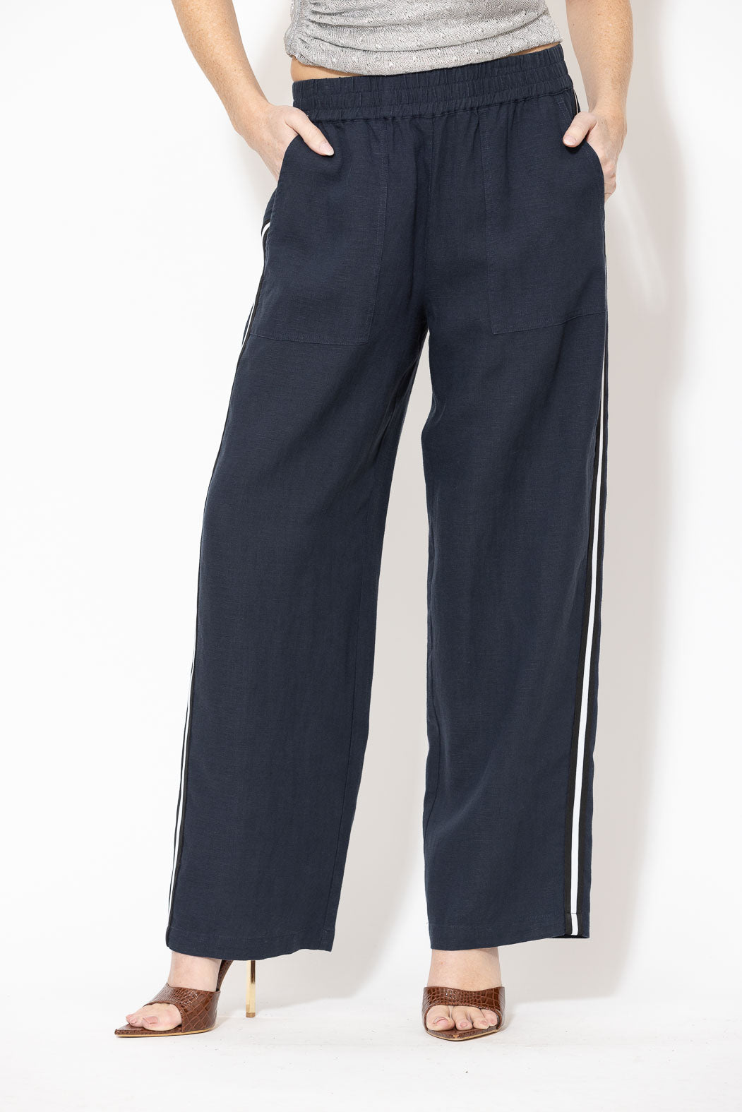 Navy Linen Stripe Pant