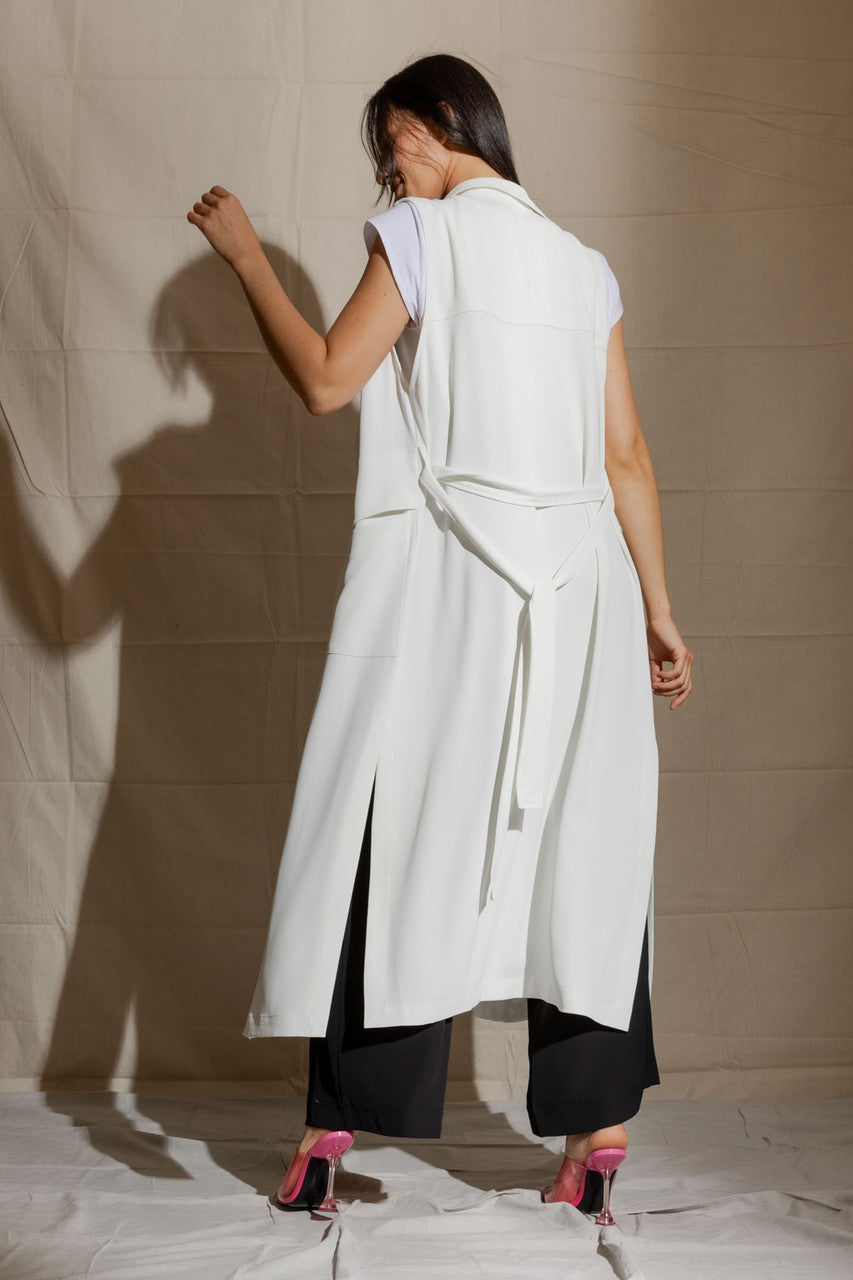 White Euro Longline Belted Vest