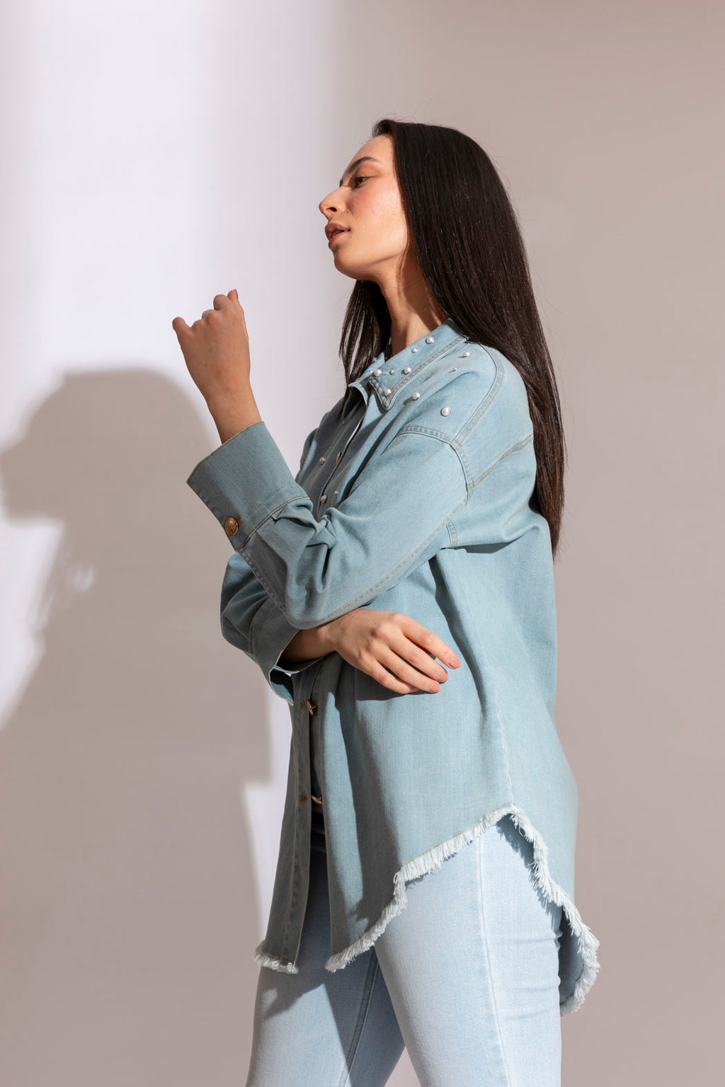 Light Denim Pearl Stud Jacket