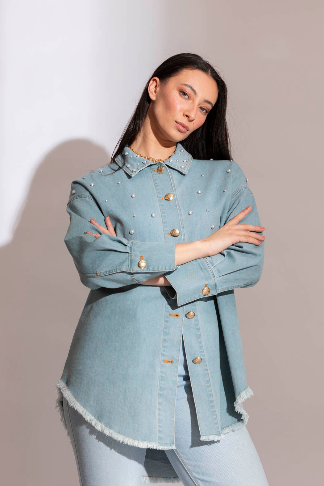 Light Denim Pearl Stud Jacket