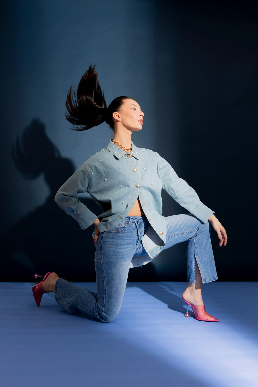 Light Denim Pearl Stud Jacket