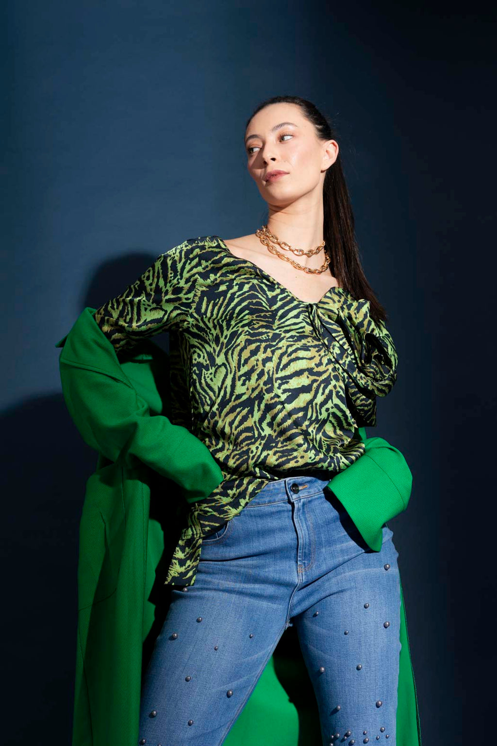 Green Animal Rosette Blouse