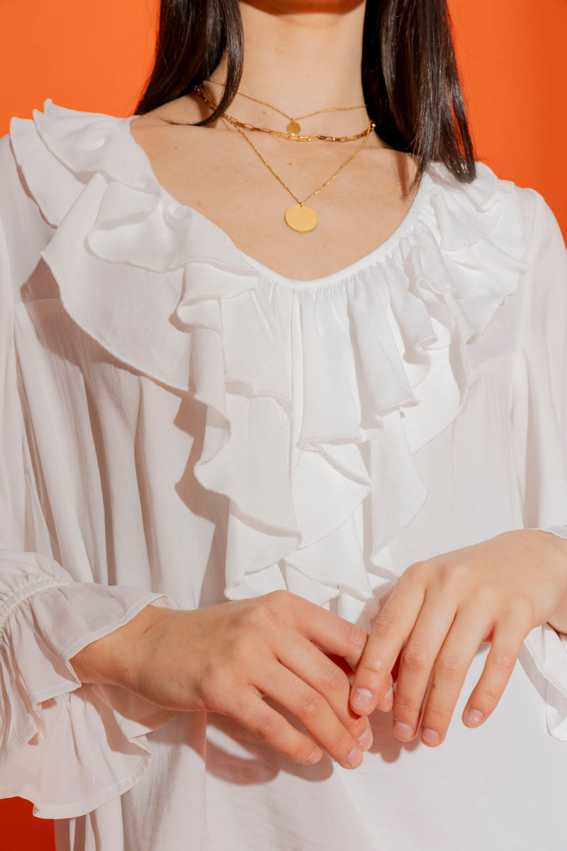 White Silky Frilly Blouse