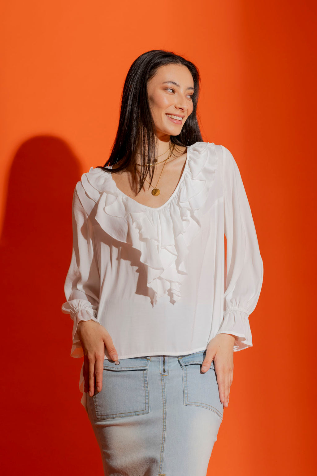 Frilly's White Silky Frilly Blouse โ Motto AU