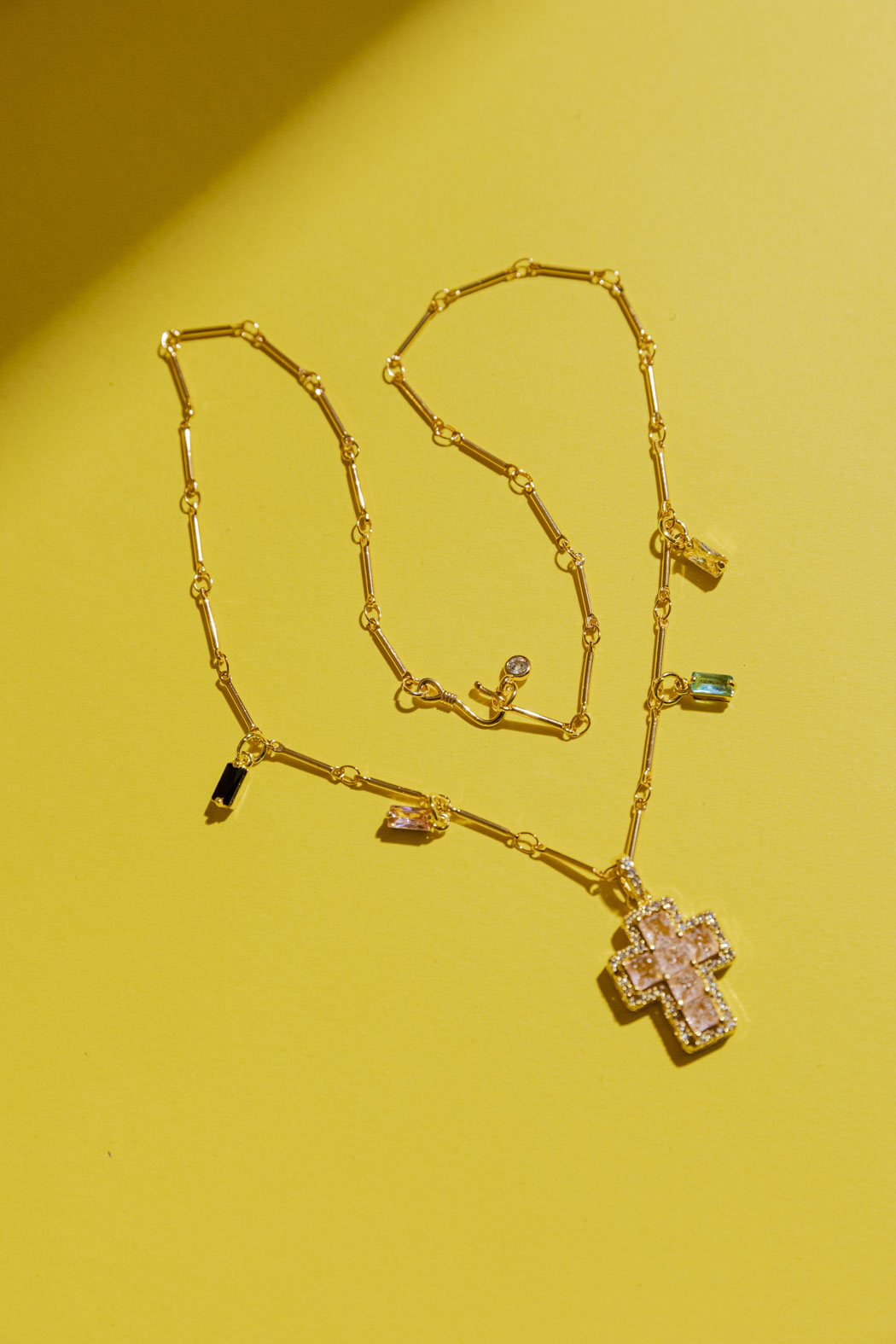 Gold Mini Cross Necklace - Pink