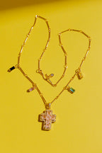 Gold Mini Cross Necklace - Pink