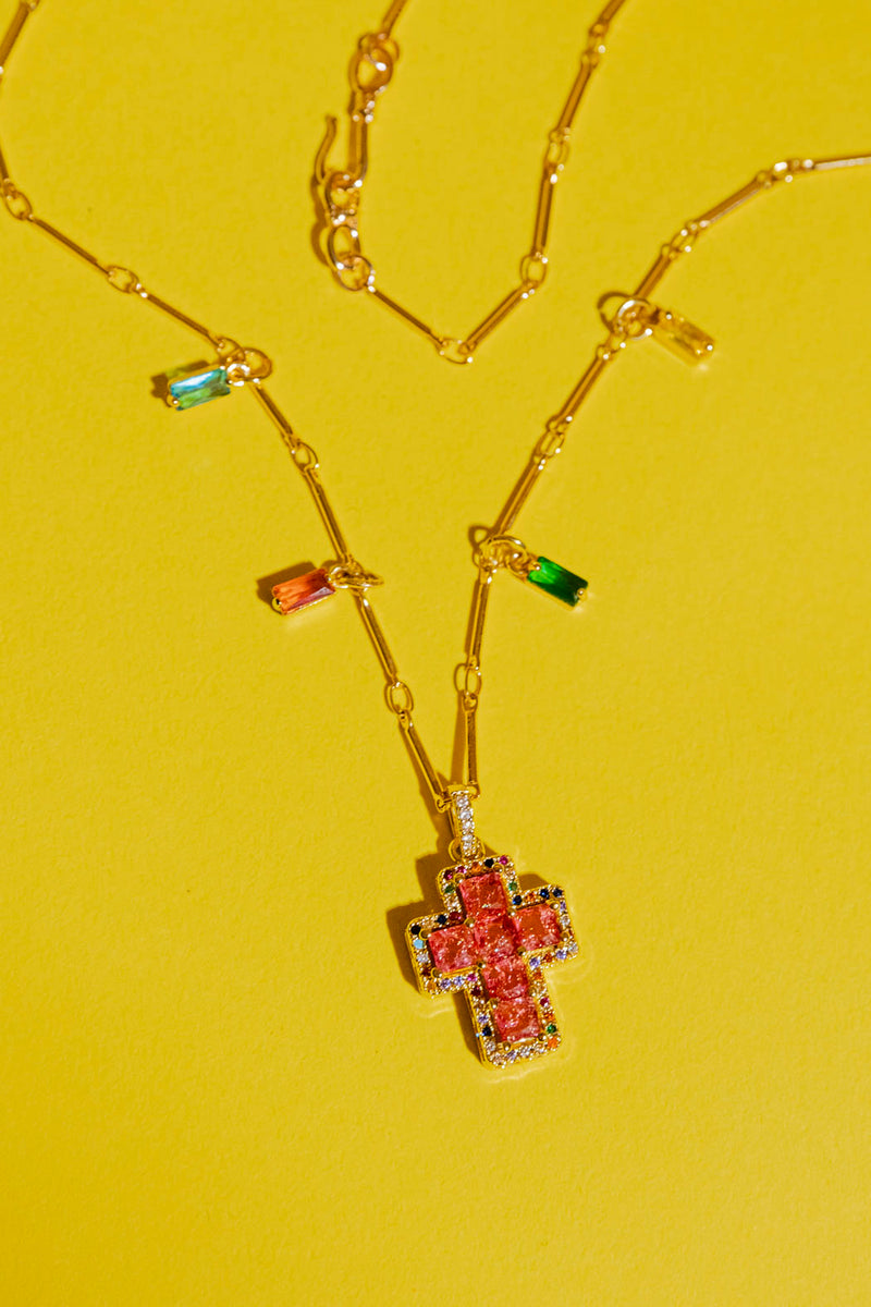Gold Mini Cross Necklace - Red